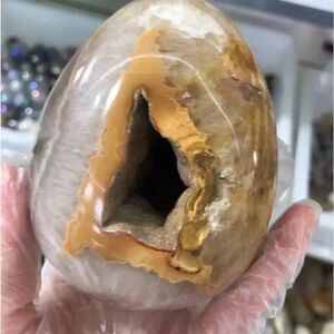 🏷️11.2cm Genuine Crystal Polished Agate Druzy Geode Egg Display Gold Accents